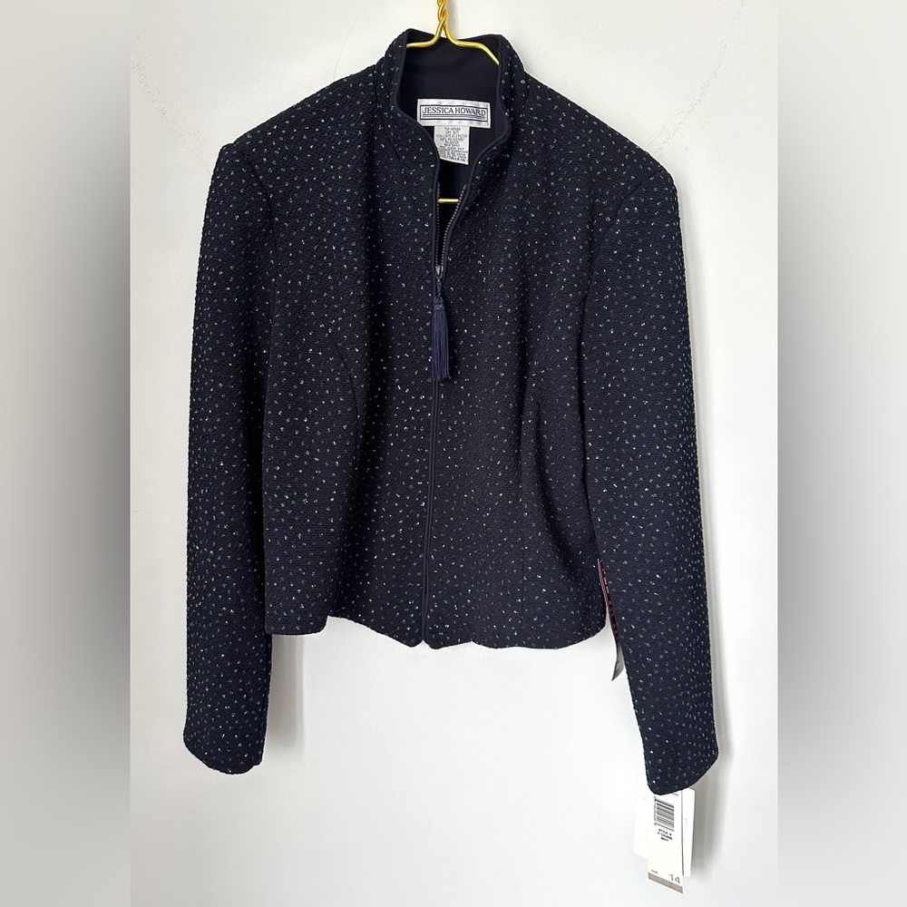 NWT Jessica Howard Blue Sequin Crinkle Formal Zip Front Tassel Jacket Women’s 14